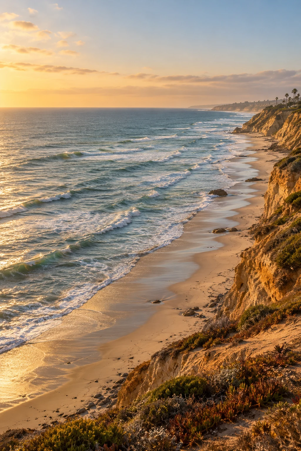 AI-generated image inspired by the Southern California coast, with sandstone bluffs, ocean waves, and golden evening light