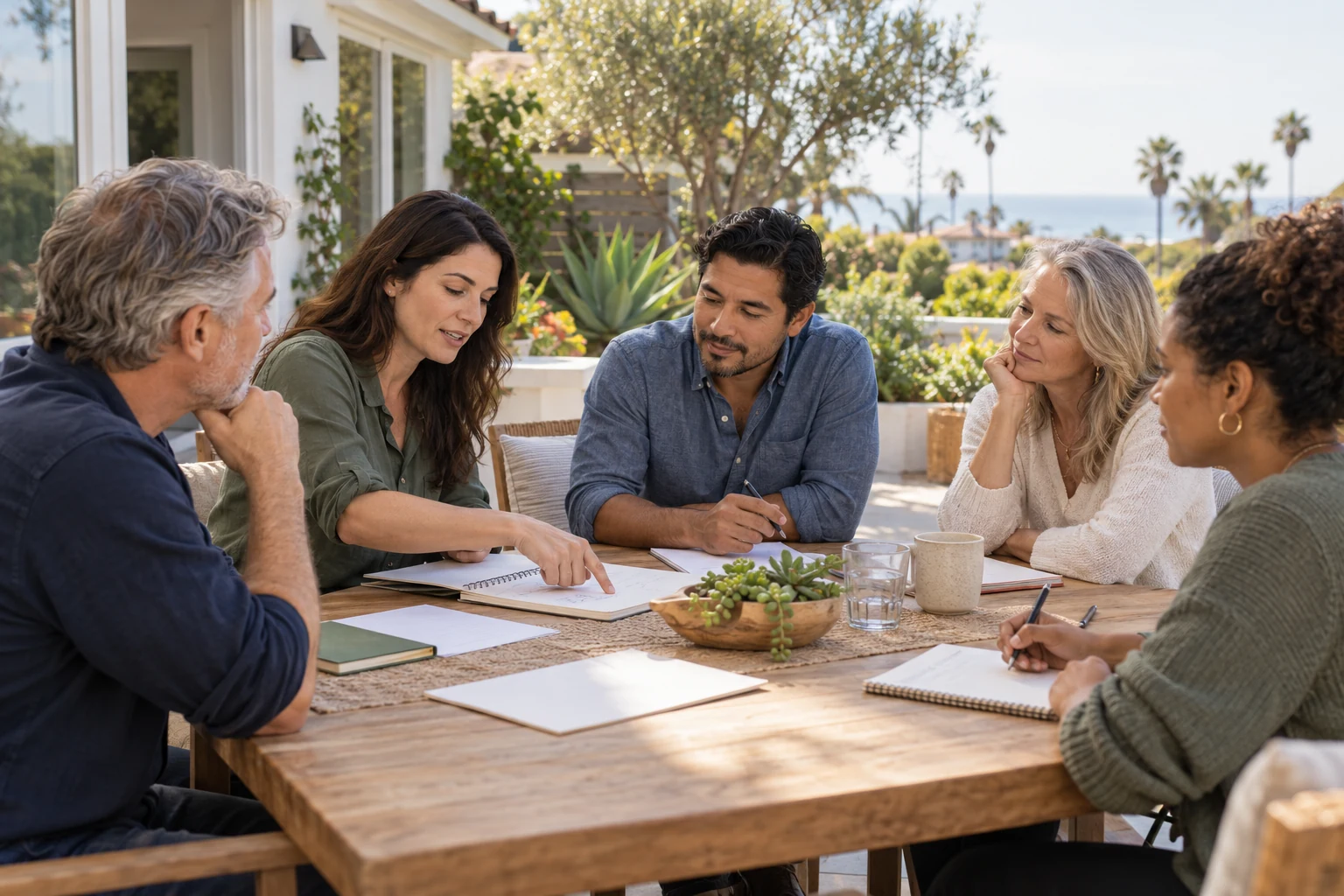 AI-generated illustrative scene of five neighbors discussing ideas around a patio table